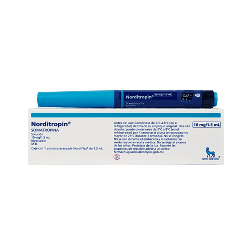 Norditropin 10 mg 1.5 mL Somatropin packaging by Novo Nordisk.